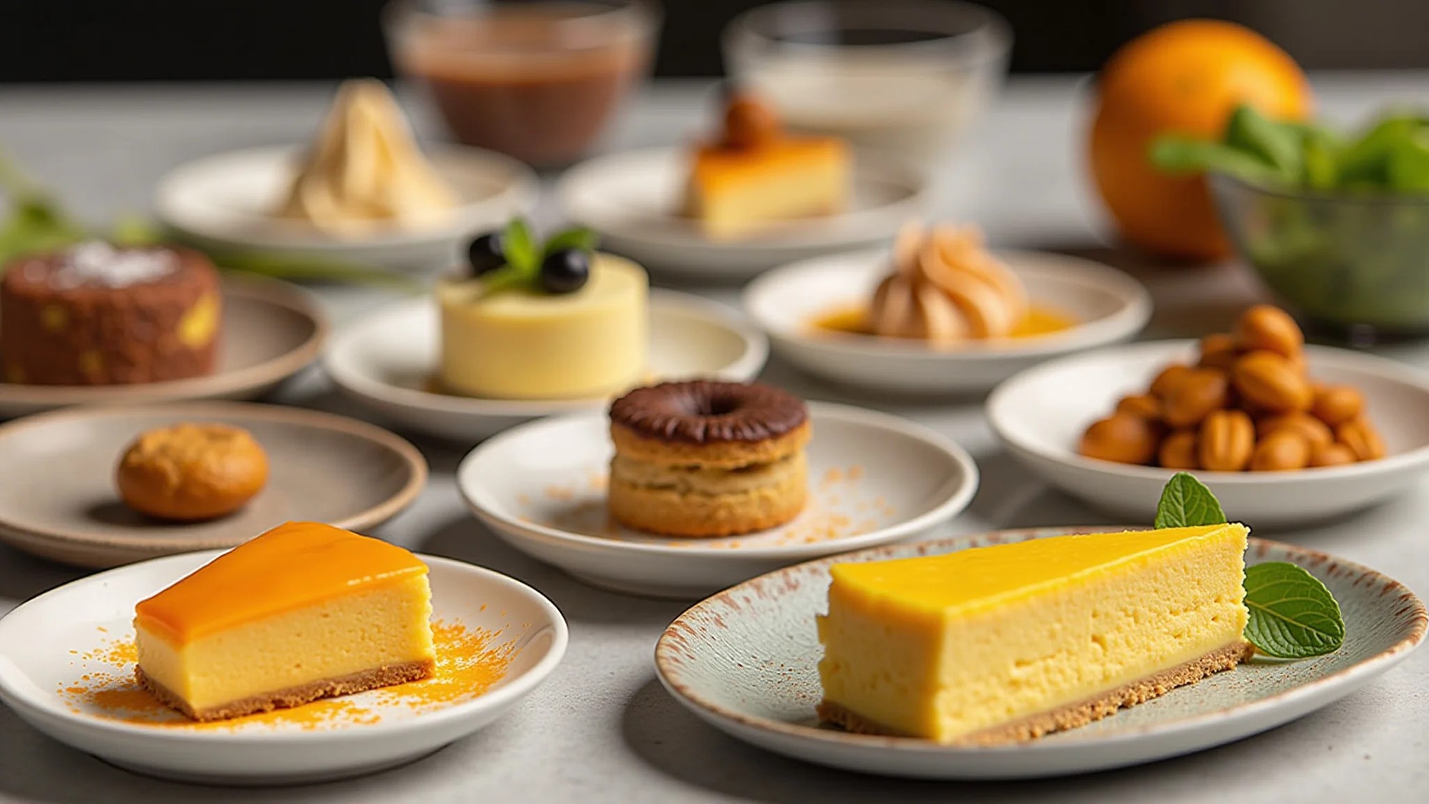 Variedade de sobremesas com creme de laranja, perfeitas para qualquer ocasião.