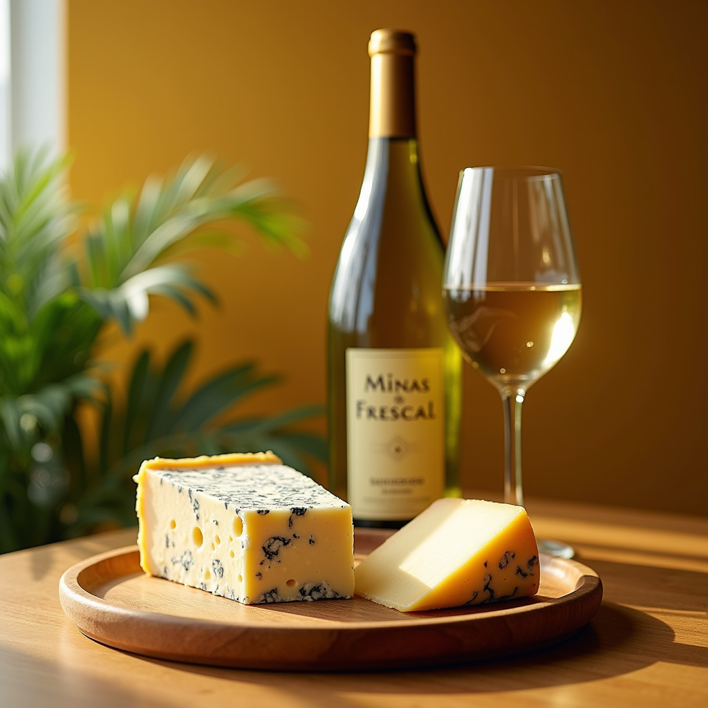 Minas Frescal cheese and Sauvignon Blanc, Brazilian style, natural light, commercial photography, Queijo minas frescal com vinho Sauvignon Blanc.