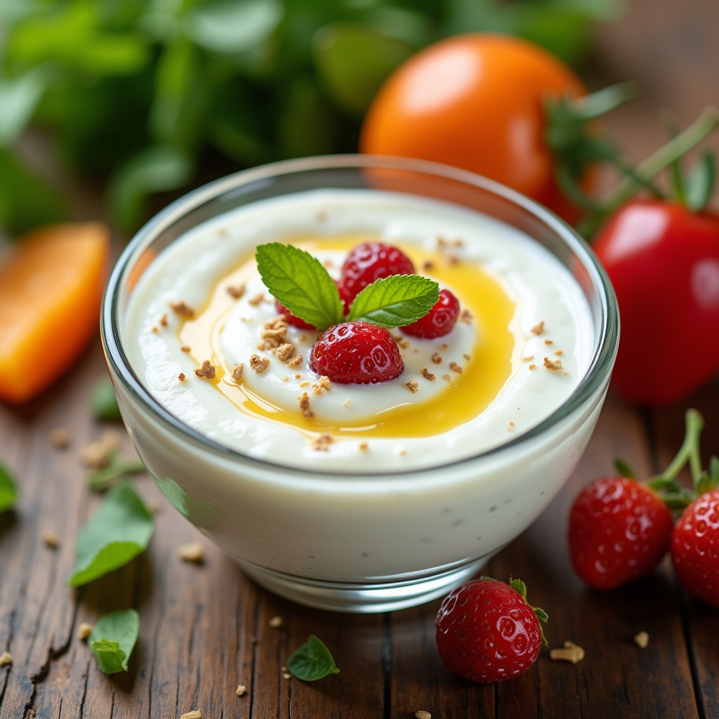 Natural yogurt with probiotics in a glass bowl, surrounded by healthy ingredients. Brazilian style, Iogurte natural com probióticos em tigela de vidro.