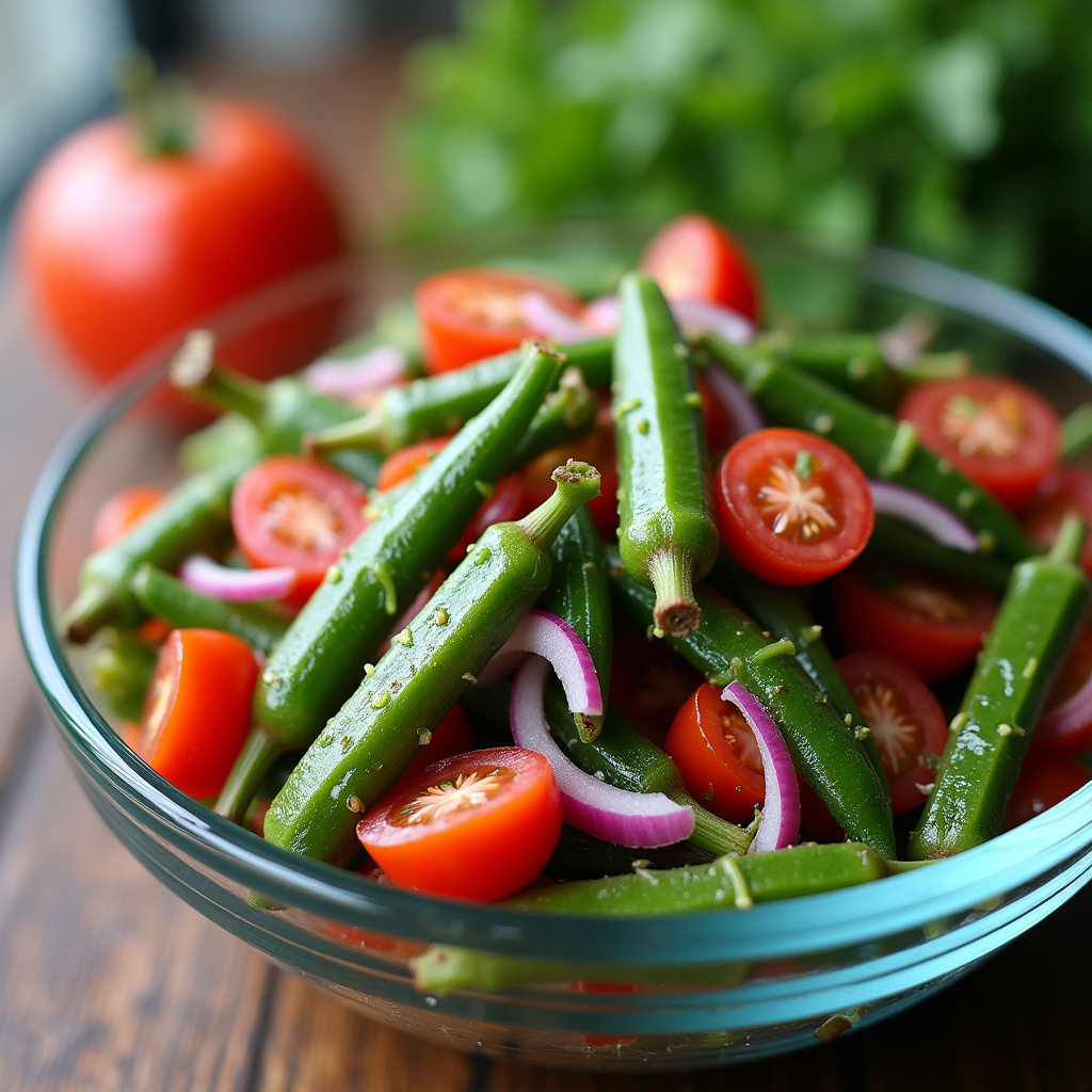 Okra salad with tomato and red onion, refreshing, vibrant colors, glass bowl, natural light, Salada de quiabo com tomate e cebola roxa, leve e refrescante.