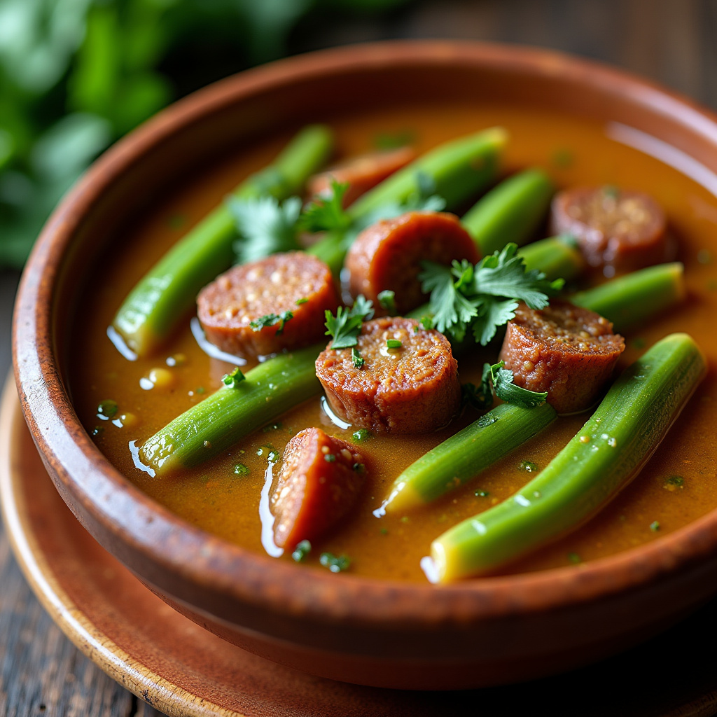 Okra soup with dried beef, comforting, rustic bowl, vibrant colors, natural light, professional Sopa de quiabo com carne seca, caldo reconfortante.