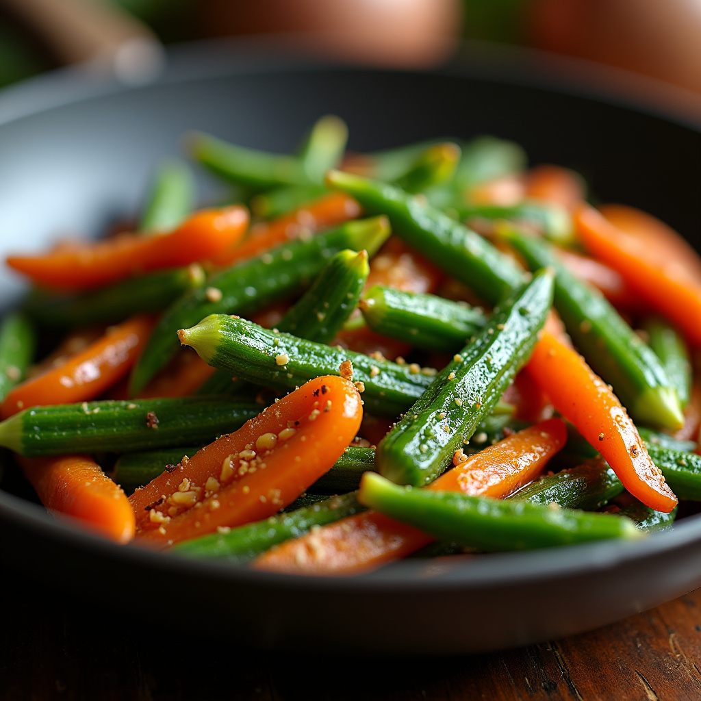 Okra stir-fry, vibrant colors, rustic Brazilian kitchen, natural light, close-up, professional Quiabo refogado sem baba, receita clássica brasileira.