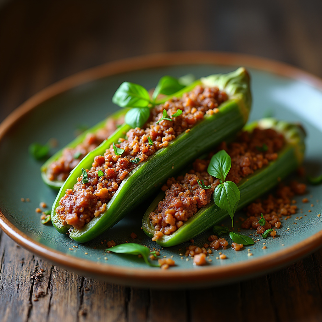 Okra stuffed with ground beef, creative, vibrant colors, rustic plate, natural light, professional Quiabo recheado com carne moída, opção criativa e saborosa.