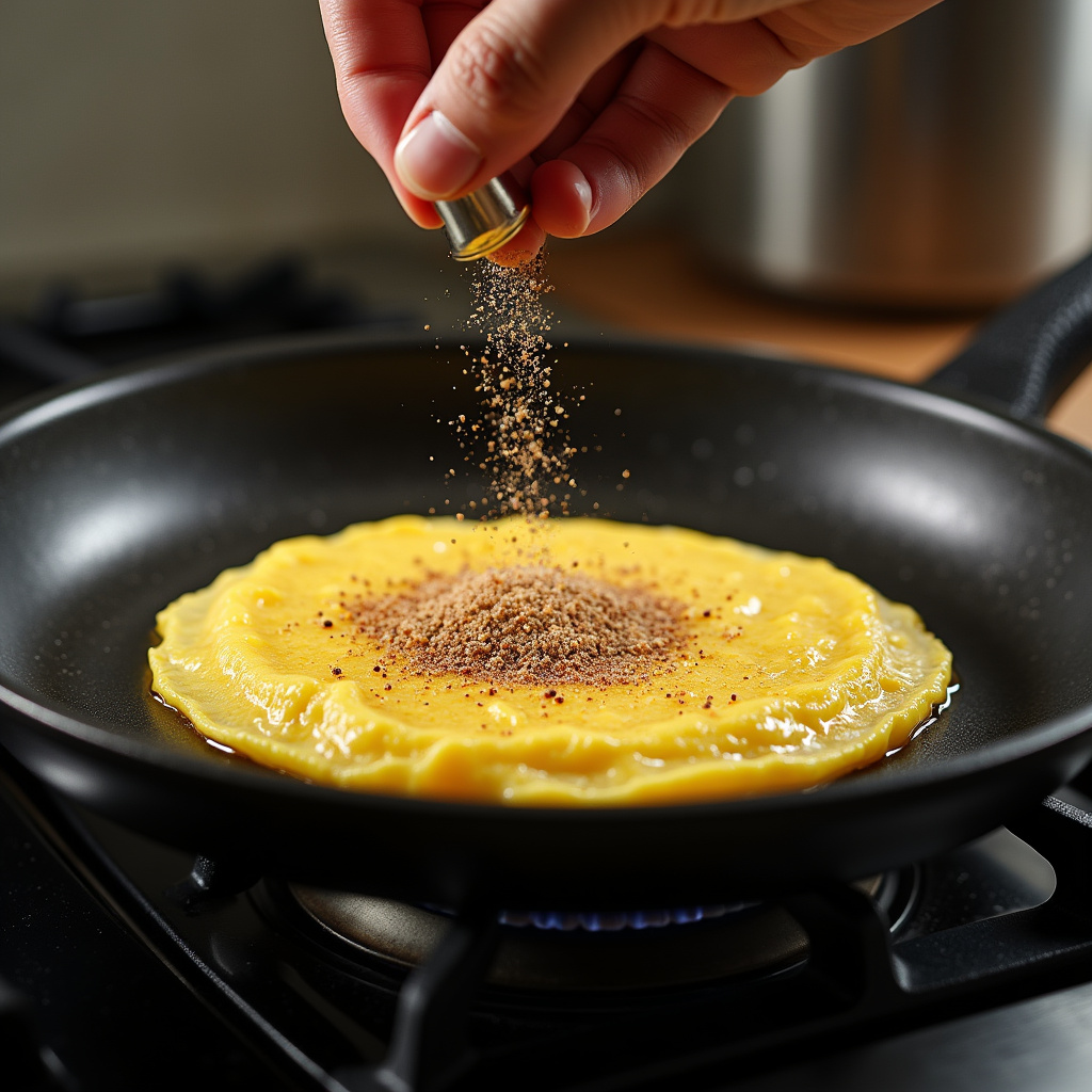 Omelette being seasoned with salt, pepper, and nutmeg over a stove, professional photography, 8K, Temperando omelete com especiarias.