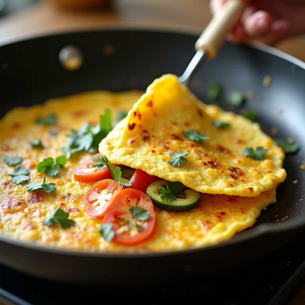Omelette with vegetables being folded in a non-stick pan, golden brown, natural light, 8K, sharp Omelete recheado sendo dobrado.