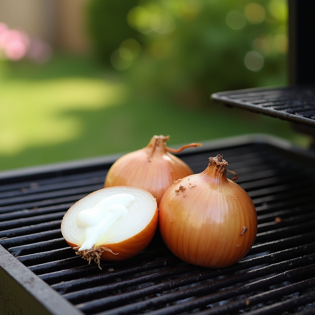 Onion and baking soda paste on BBQ grill, backyard, sunny day, lifestyle photography, 8K quality, Cebola e bicarbonato: dupla imbatível na limpeza da grelha.