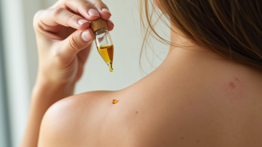 Oregano oil diluted in coconut oil, topical application, woman's skin, natural light, candidiasis Aplicação de óleo de orégano para candidíase.