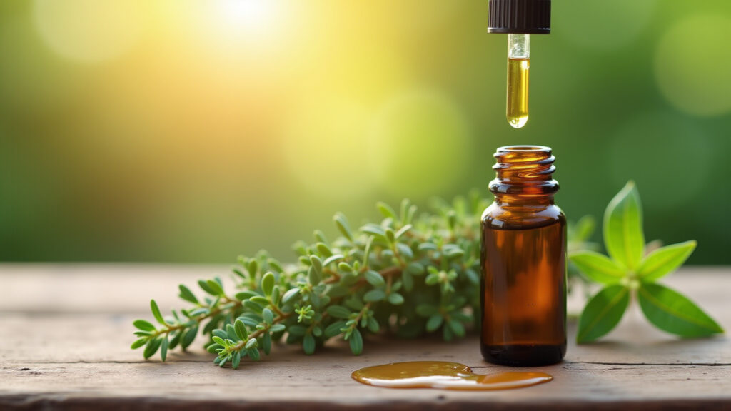 Oregano oil dropper, warm sunlight, wooden table, blurred background, natural remedy, vibrant, 8K, Frasco de óleo de orégano com conta-gotas.