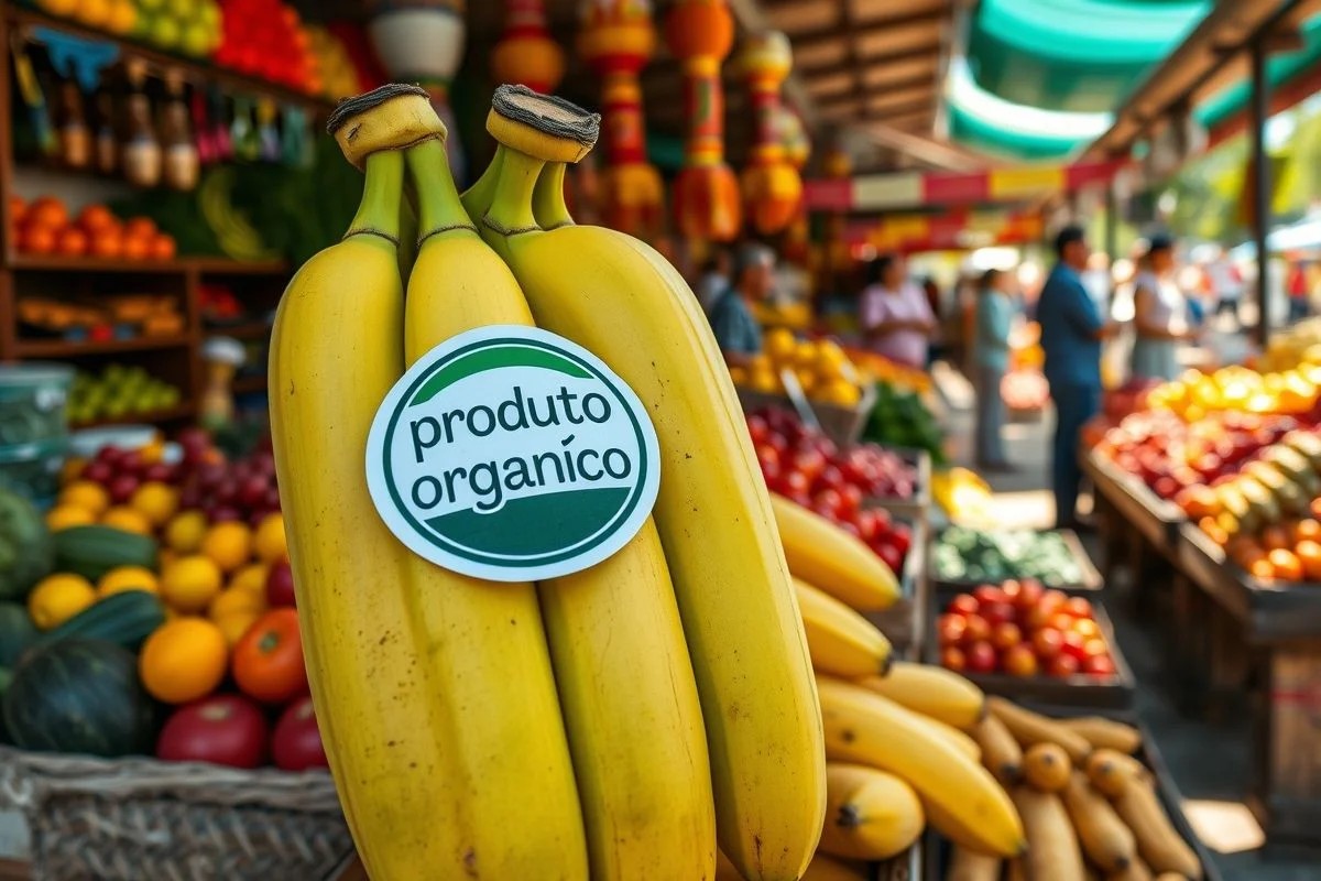 Bananas orgânicas em feira brasileira. Atenção redobrada na conservação.