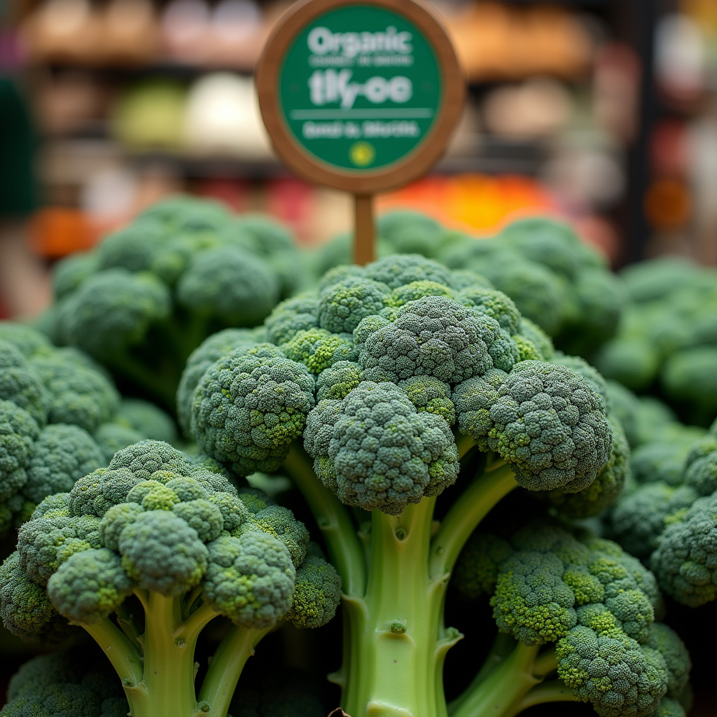 Organic broccoli with certification seal on display at a market. Professional photography, 8K Brócolis orgânico com selo de certificação.
