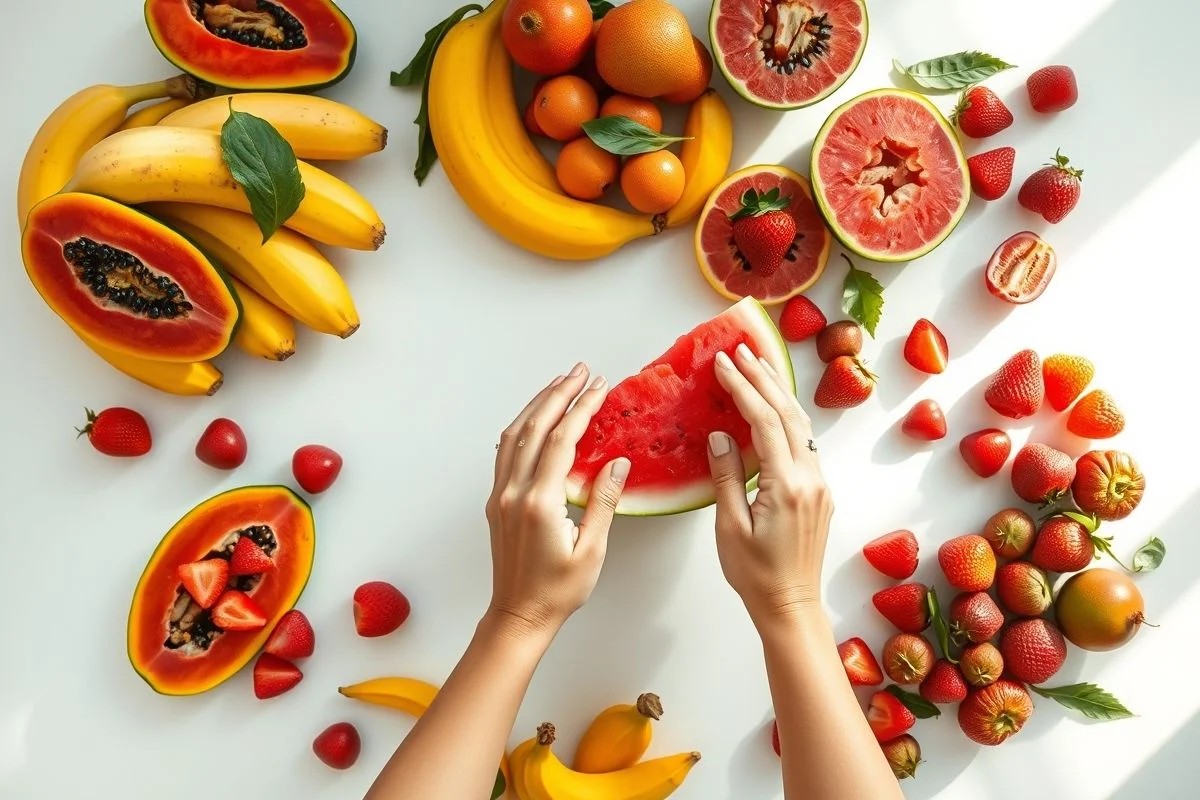 Variedade de frutas brasileiras em balcão de cozinha. Alimentação consciente e saudável.