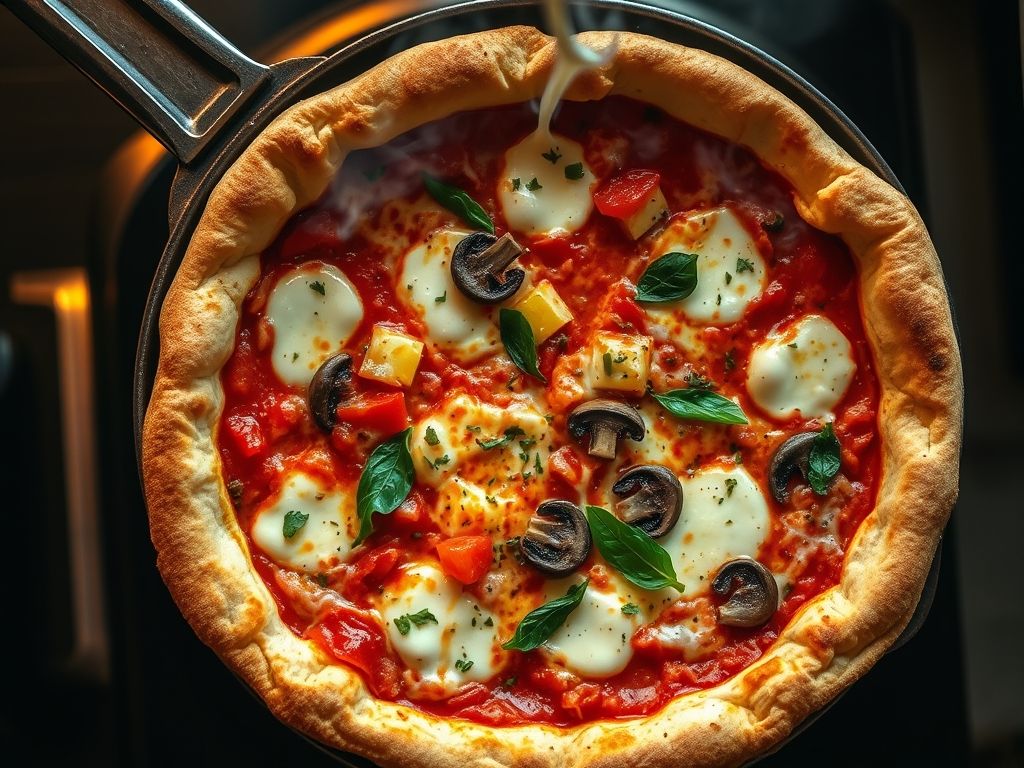 Foto de cima de uma pizza caseira sendo cozida em uma frigideira no fogão, com queijo mussarela derretido e esticado.