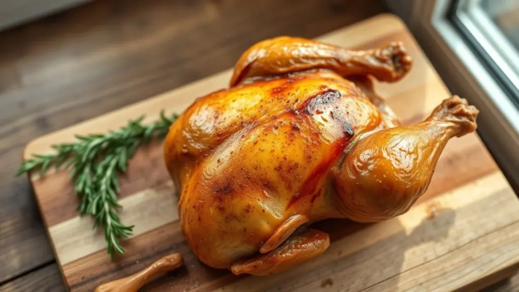 Frango assado com pele crocante, dourado, com alecrim. Receita deliciosa.