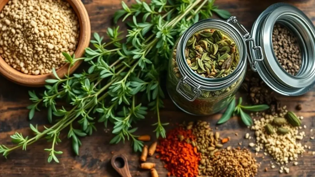 Overhead shot of a rustic Brazilian kitchen counter with oregano sprigs, dried oregano in a glass Orégano fresco e seco em bancada rústica, temperos brasileiros.