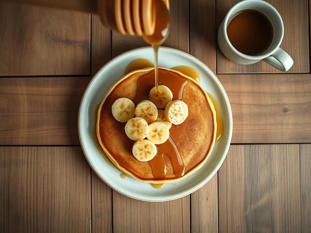 Panqueca de banana simples com mel, banana fatiada e canela.