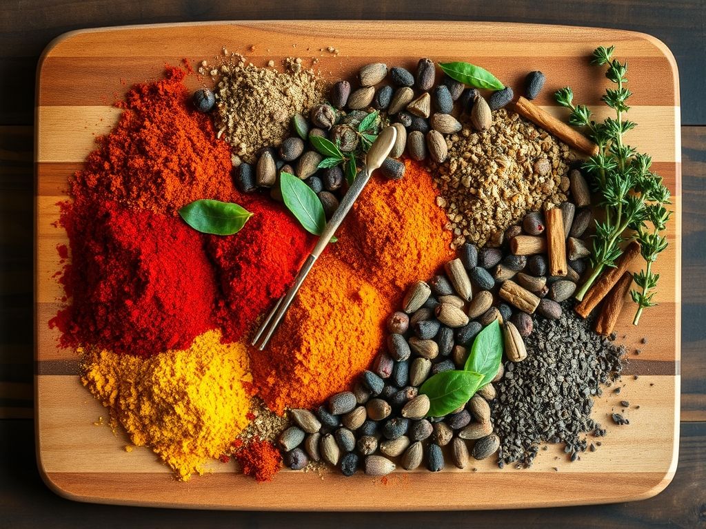 Uma variedade de temperos coloridos e ervas dispostos artisticamente em uma tábua de corte de madeira.