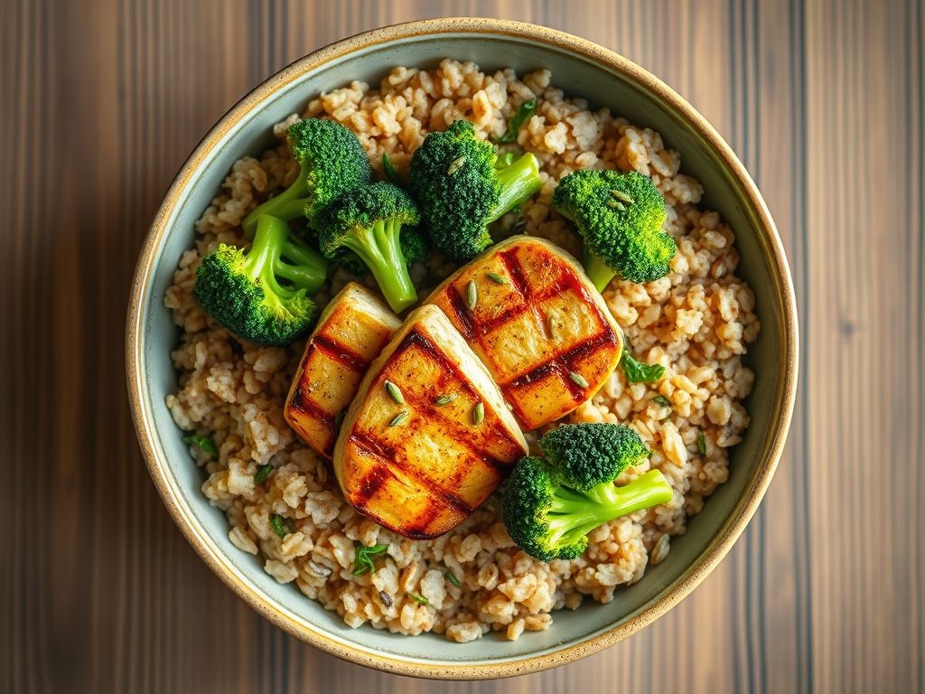 Tigela colorida com mix de grãos, frango grelhado, brócolis e sementes, representando uma refeição saudável para ganho de massa muscular.