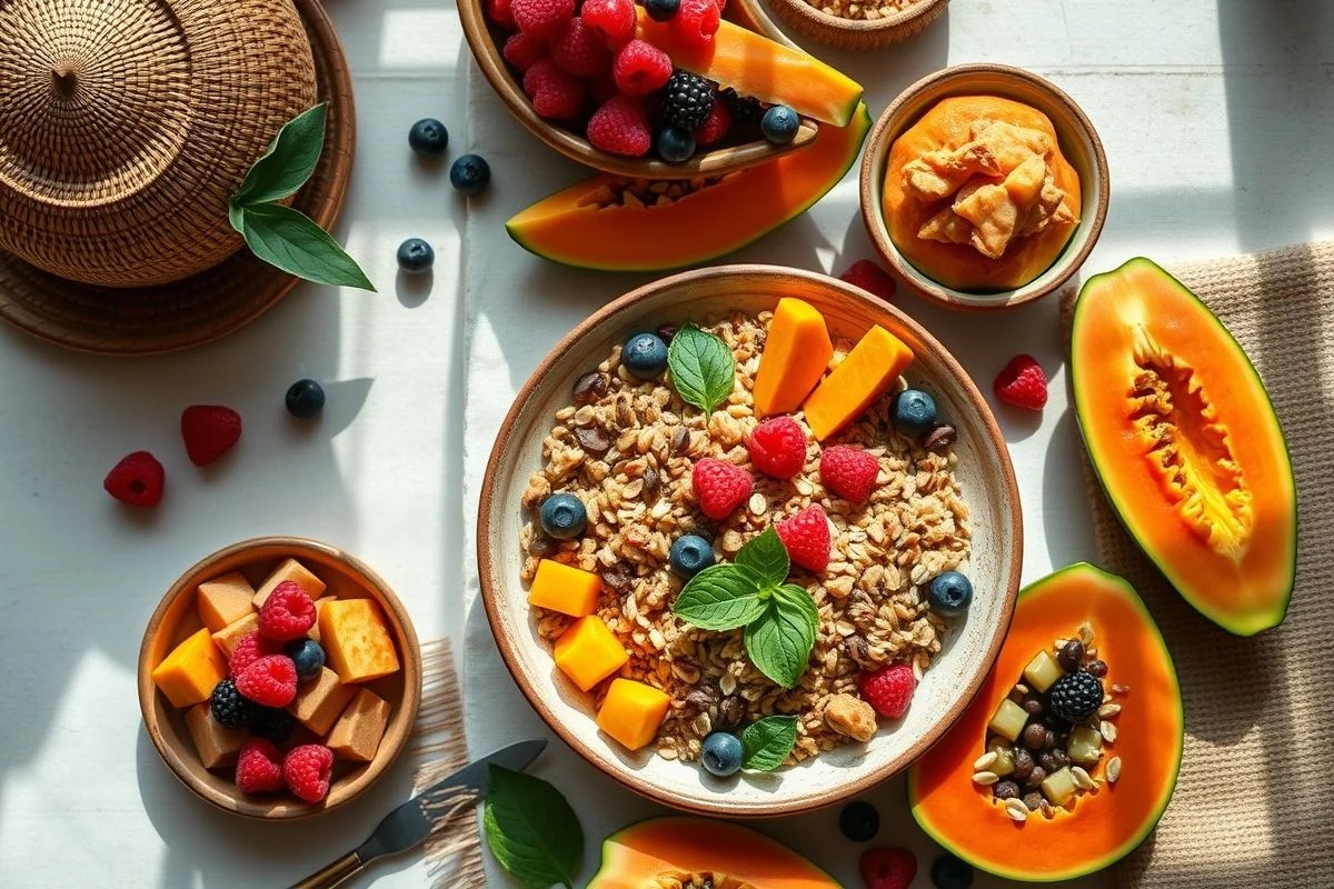 Mesa de café da manhã brasileira com tigela de grãos integrais e frutas frescas.