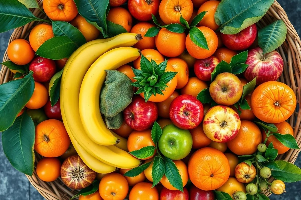 Cesta de frutas brasileira com bananas, laranjas e outras frutas tropicais.