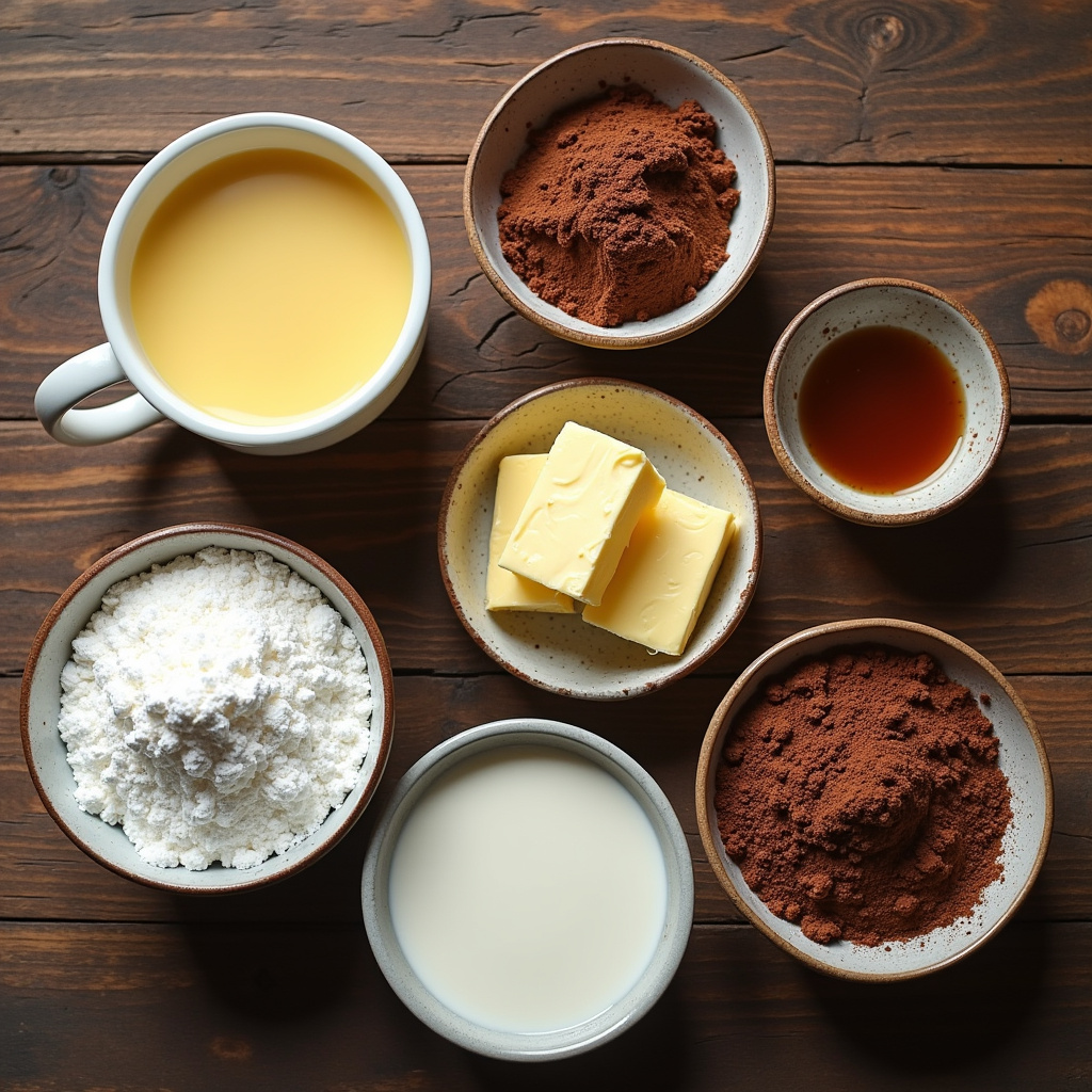 Overhead shot of brigadeiro ingredients: condensed milk, butter, cocoa powder, milk powder, Ingredientes para brigadeiro com leite em pó.