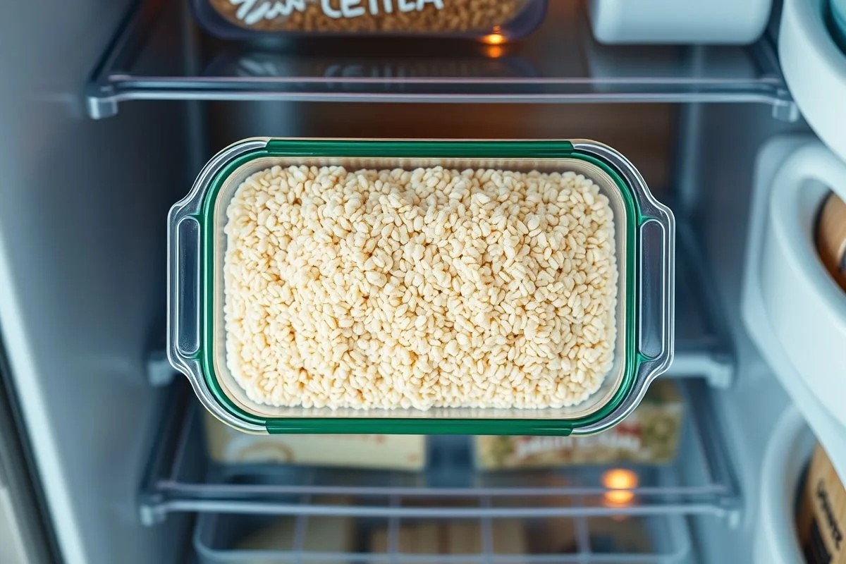Quinoa cozida armazenada em pote de vidro na geladeira.