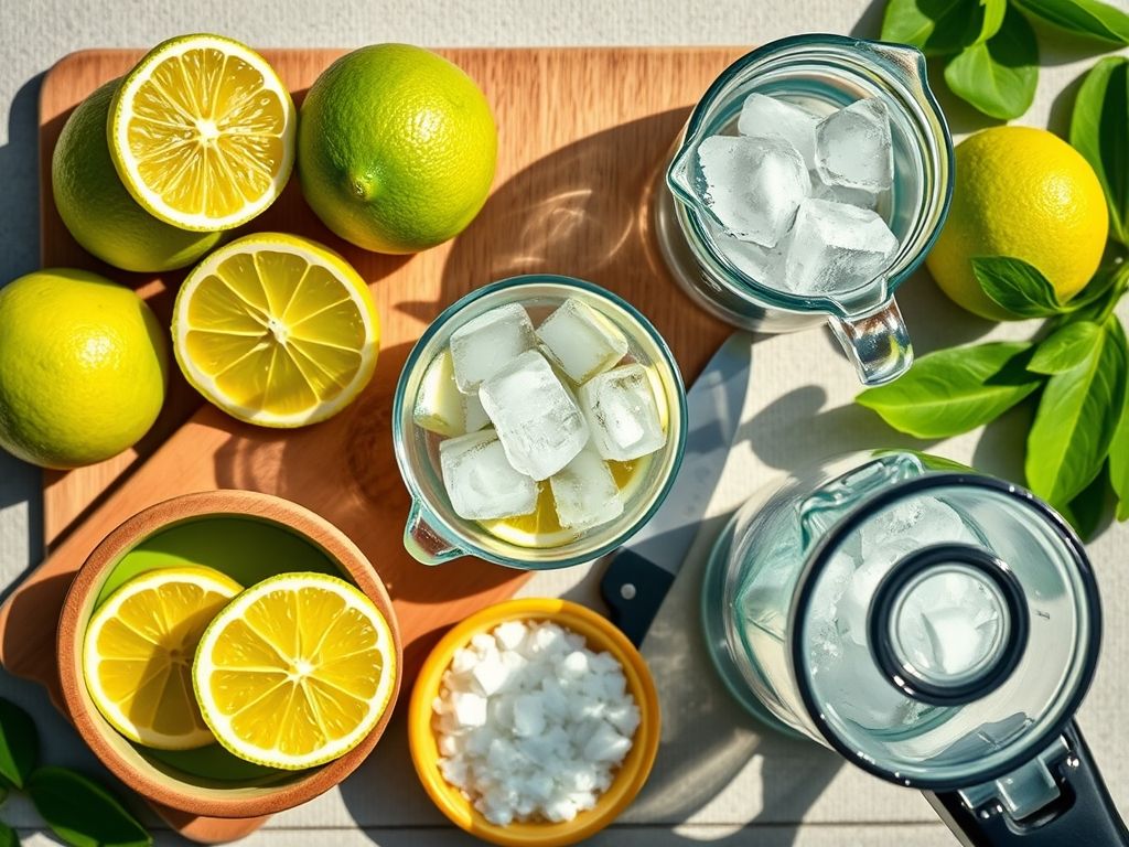 Ingredientes para limonada suíça: limões Tahiti frescos, jarra com gelo, tigela de açúcar, tábua de corte e liquidificador.