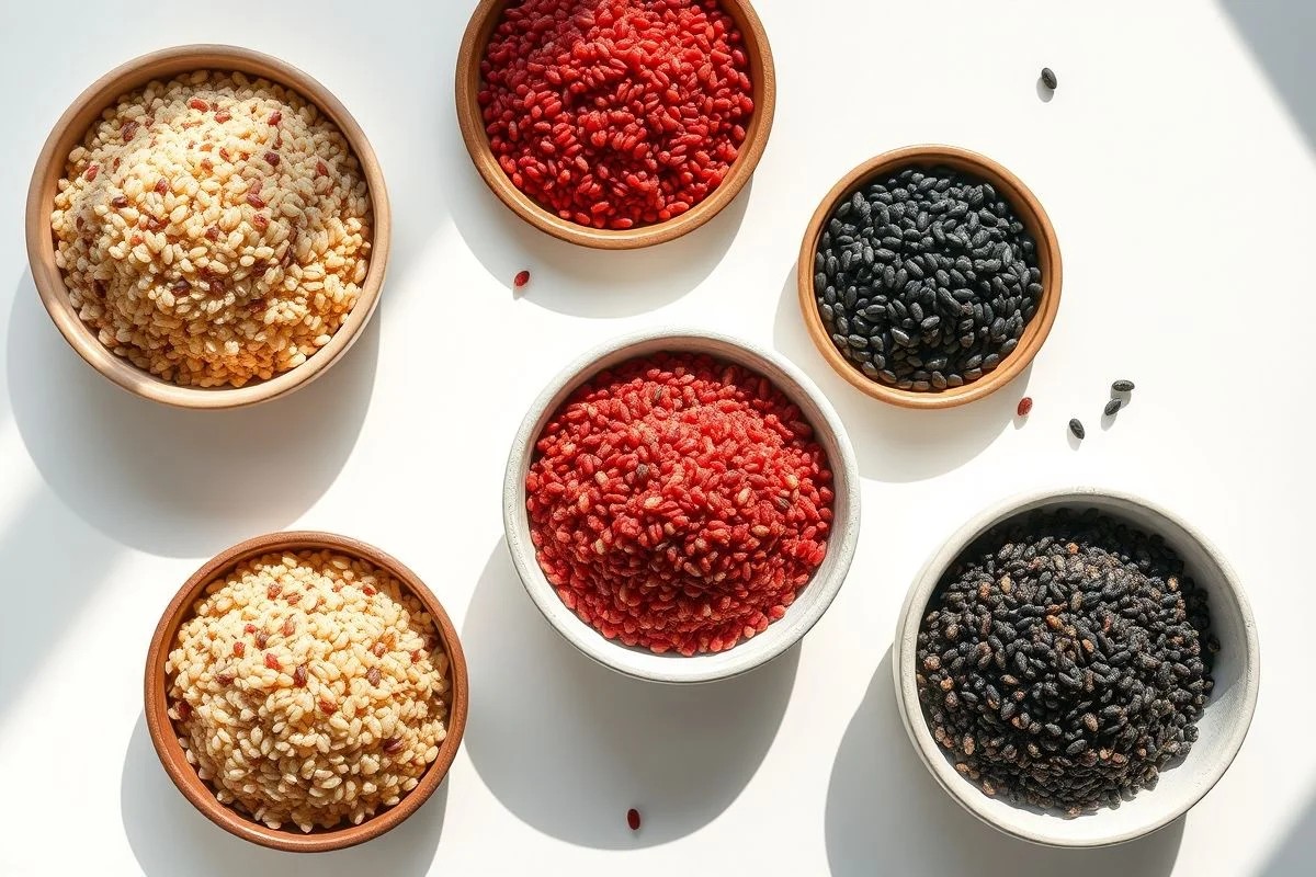 Três tipos de quinoa (branca, vermelha, preta) em tigelas.