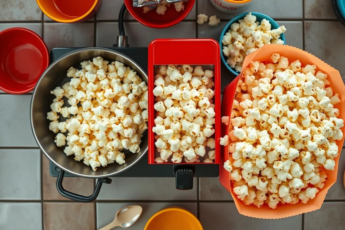 Três métodos de preparo de pipoca: panela, pipoqueira elétrica e micro-ondas. Comparativo.