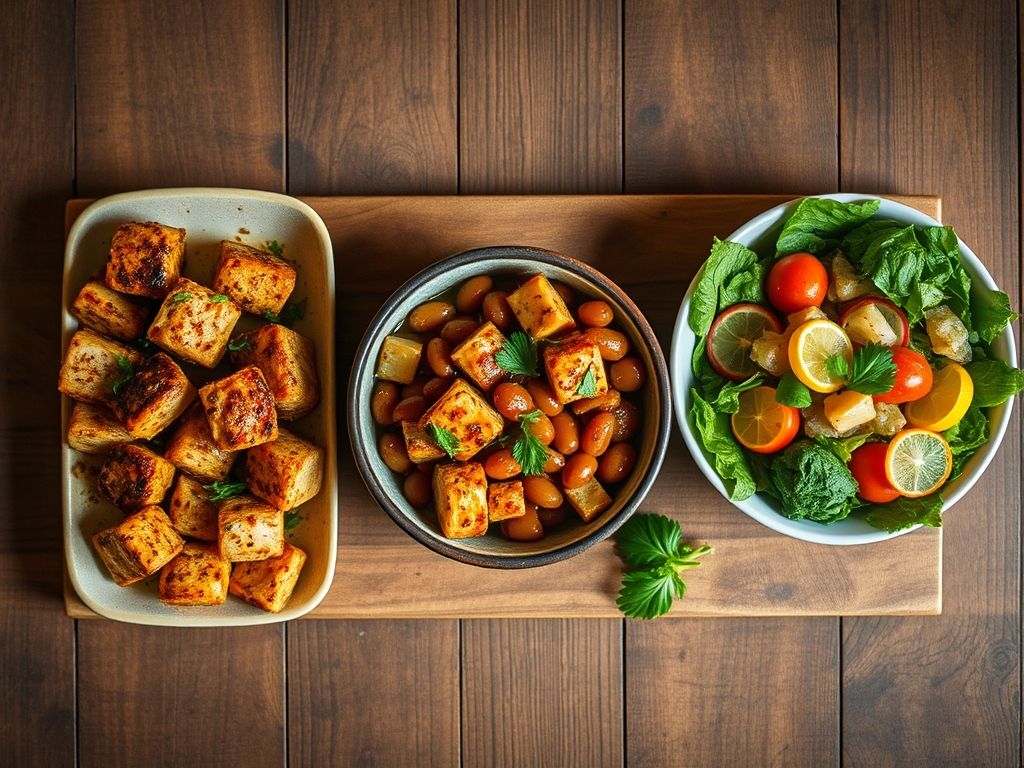 Visão superior de três pratos simples: cubos de frango temperados, uma tigela de feijão cozido e uma salada fresca com vinagrete cítrico.