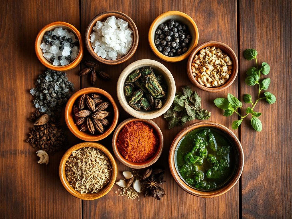 Foto de cima de vários temperos para churrasco em pequenas tigelas, incluindo sal grosso, pimenta do reino moída na hora, alho granulado, orégano seco e chimichurri caseiro.