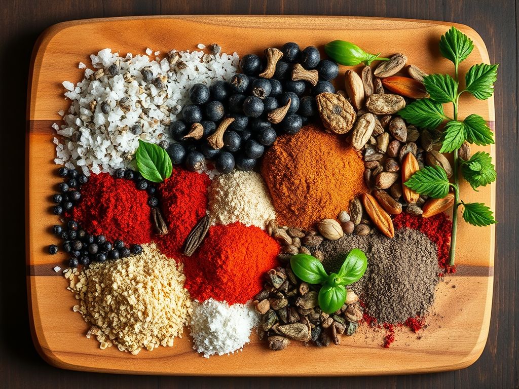 Diversos temperos e ervas dispostos artisticamente em uma tábua de corte de madeira, incluindo sal, pimenta do reino, alho em pó, cebola em pó, páprica, alecrim, tomilho e louro.
