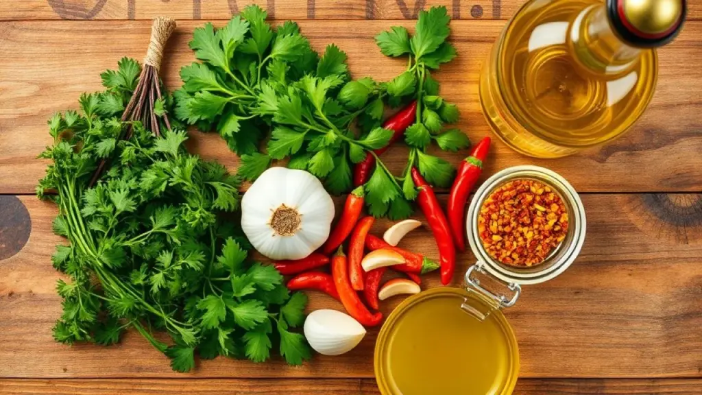 Overhead shot of vibrant chimichurri ingredients laid out on a rustic wooden table, featuring Ingredientes frescos para chimichurri caseiro, temperos e azeite.