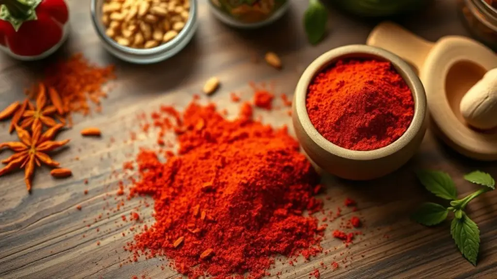 Overhead shot, vibrant red paprika powder spilling from a small wooden bowl onto a rustic Brazilian Páprica vermelha vibrante derramando de tigela em bancada rústica