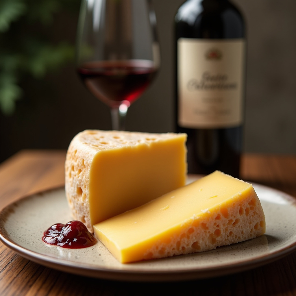 Parmesan cheese with Chianti Classico, Italian style, natural light, commercial photography, 8K Harmonização de queijo parmesão com vinho Chianti Classico.