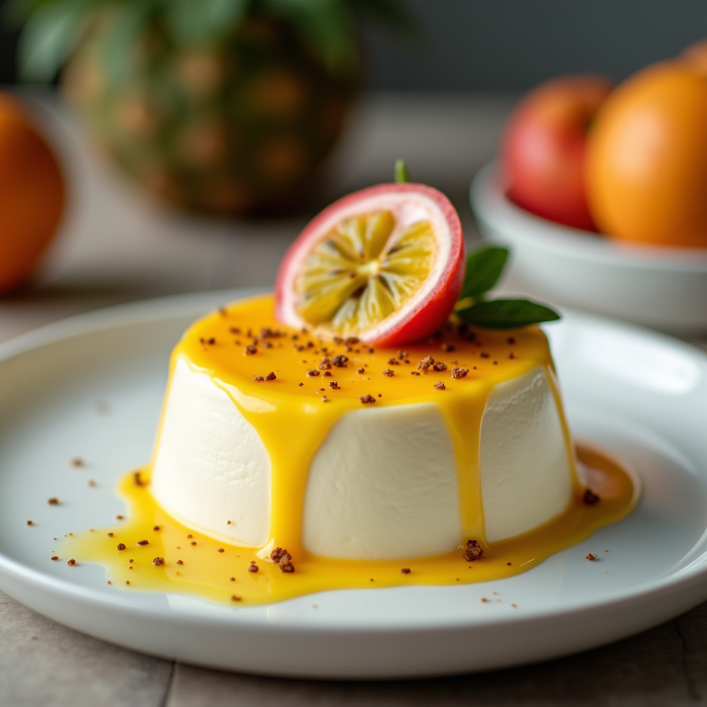 Passion fruit mousse with evaporated milk, light and refreshing dessert, natural lighting, 8K Mousse de maracujá com leite evaporado.