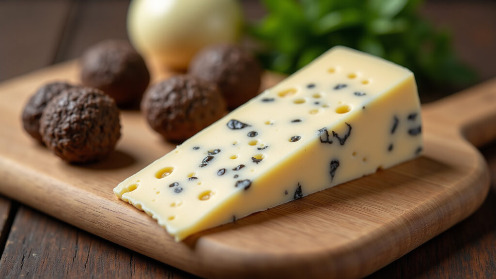 Pecorino cheese with truffles on a wooden board, professional photography, 8K quality, sharp focus, Queijo Pecorino com trufas em uma tábua de madeira.
