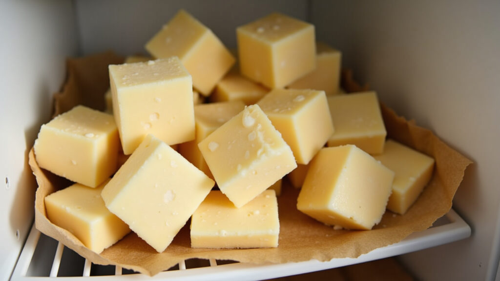 Pecorino cheese wrapped in parchment paper in refrigerator, professional photography, 8K quality, Queijo Pecorino embalado em papel manteiga na geladeira.