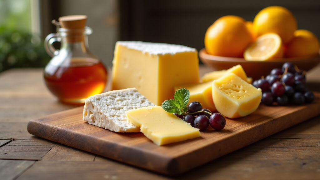 Pecorino Sardo cheese board with honey and fruits, professional photography, 8K quality, sharp Tábua de queijos com Pecorino Sardo, mel e frutas.