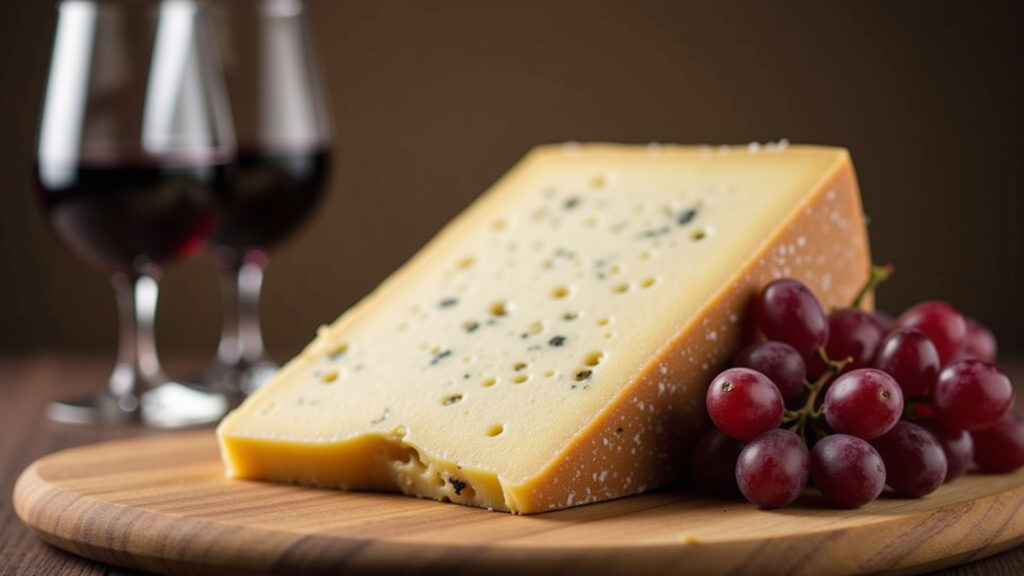 Pecorino Toscano on a wooden board with grapes and red wine, professional photography, 8K quality, Queijo Pecorino Toscano com uvas e vinho tinto.