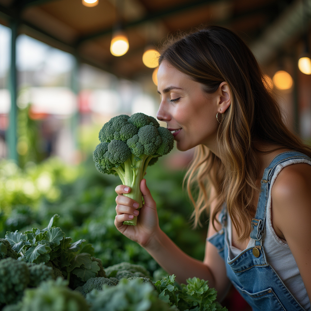 Person smelling a fresh broccoli at a farmer's market, natural light. Professional photography, 8K Cheirando brócolis fresco para verificar a qualidade.