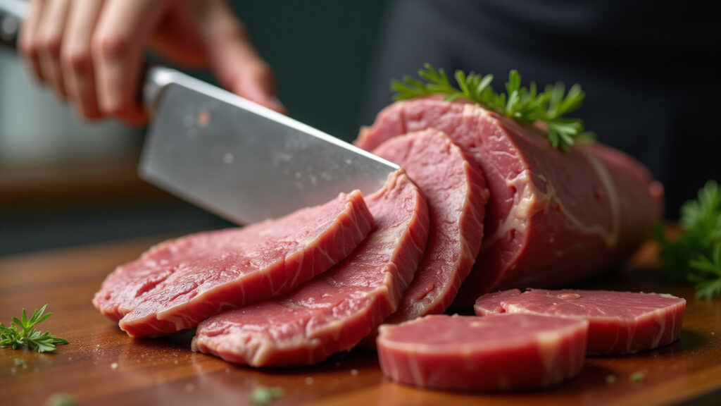 Picanha cut into thick slices for skewers, close-up, showcasing marbling, professional photography, Cortes de picanha para espeto, carne marmorizada.