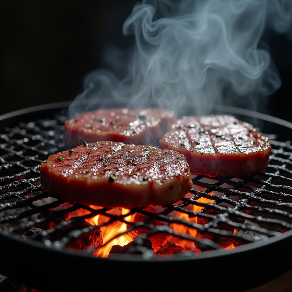 Picanha grilling over medium heat charcoal, smoke rising, professional photography, 8K quality, Picanha assando em braseiro de calor médio.