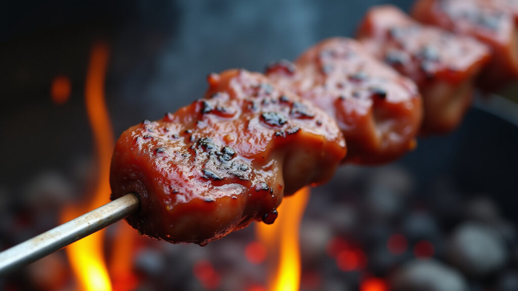 Picanha on a skewer being rotated over hot coals, professional photography, 8K quality, sharp Girando picanha no espeto para assar por igual.