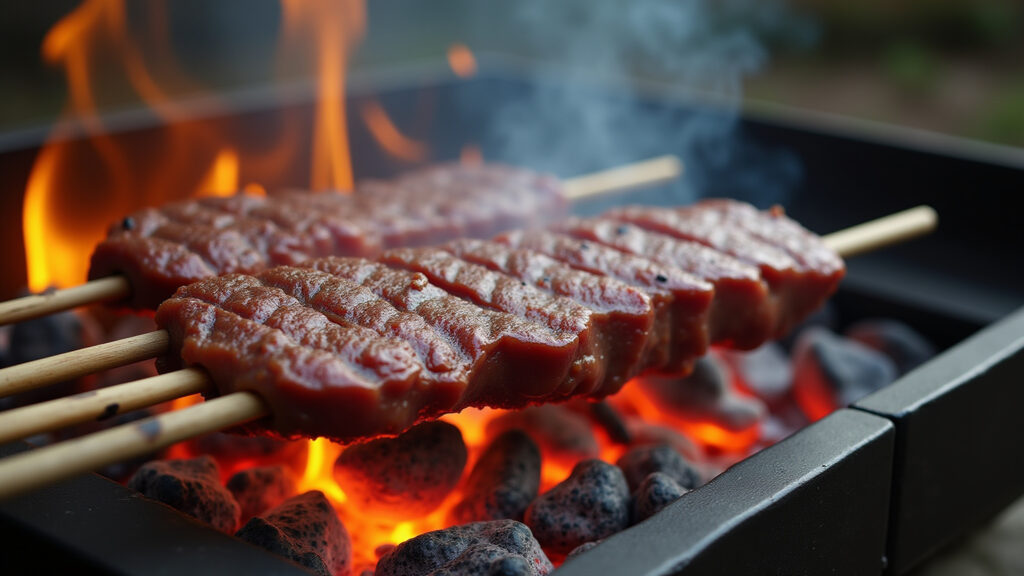 Picanha on a skewer grilling over hot coals, timer visible, professional photography, 8K, sharp Picanha assando no espeto, tempo de preparo.