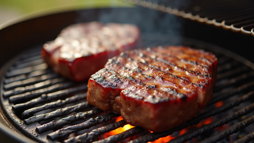 Picanha on grill, fat side down, golden brown, medium heat, churrasco scene, natural light, 8k, Picanha assando na churrasqueira com a gordura para baixo.