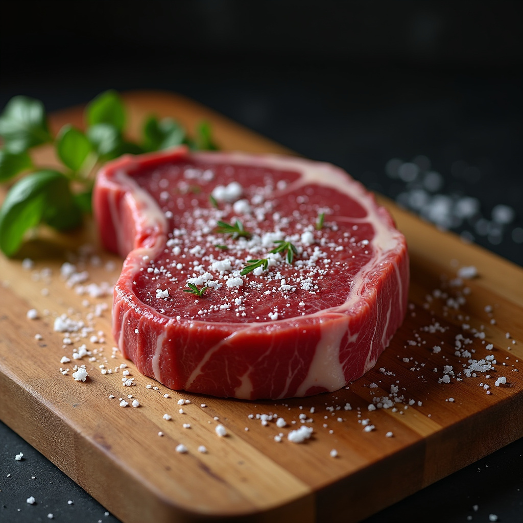 Picanha steak seasoned with coarse salt on a wooden cutting board, professional photography, 8K Picanha no sal grosso pronta para churrasco.