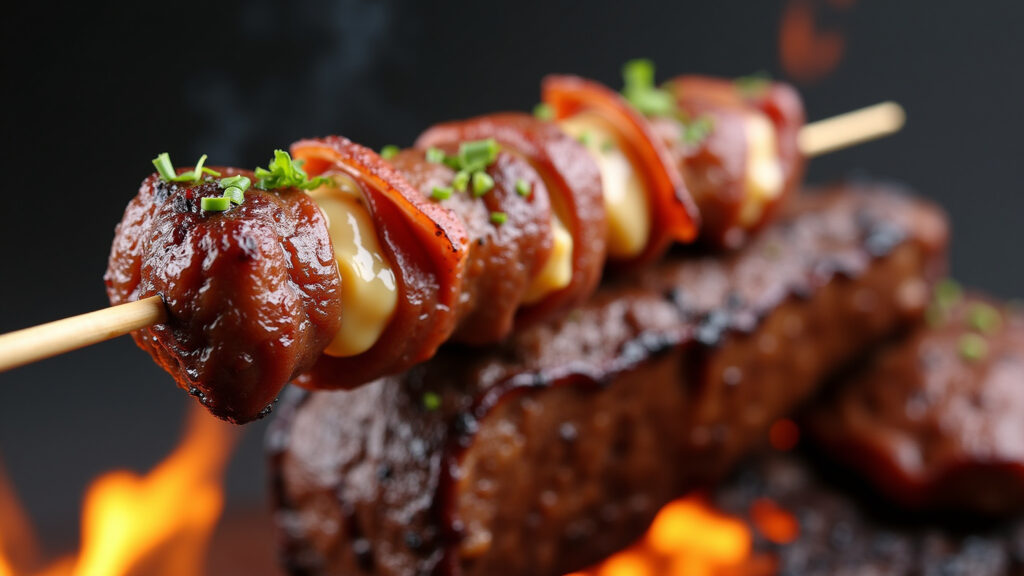 Picanha stuffed with cheese and bacon on a skewer, professional photography, 8K quality, sharp Picanha recheada com queijo e bacon no espeto.