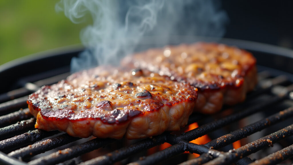 Picanha with garlic crust on a grill, golden brown, smoke rising, outdoor churrasco scene, natural Picanha com crosta de alho dourada na churrasqueira.