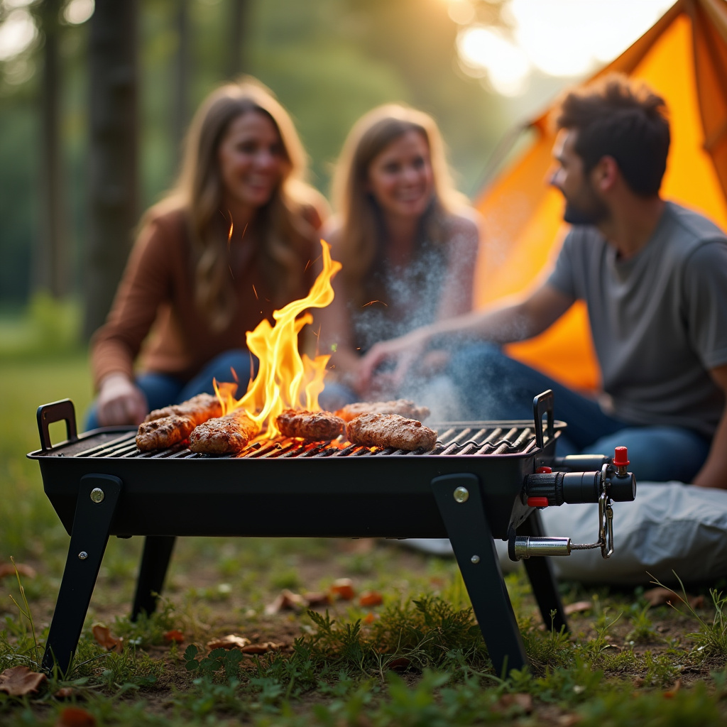 Portable gas grill, camping scene, friends, happy, nature, professional photography, 8K quality, Churrasqueira a gás portátil em camping.