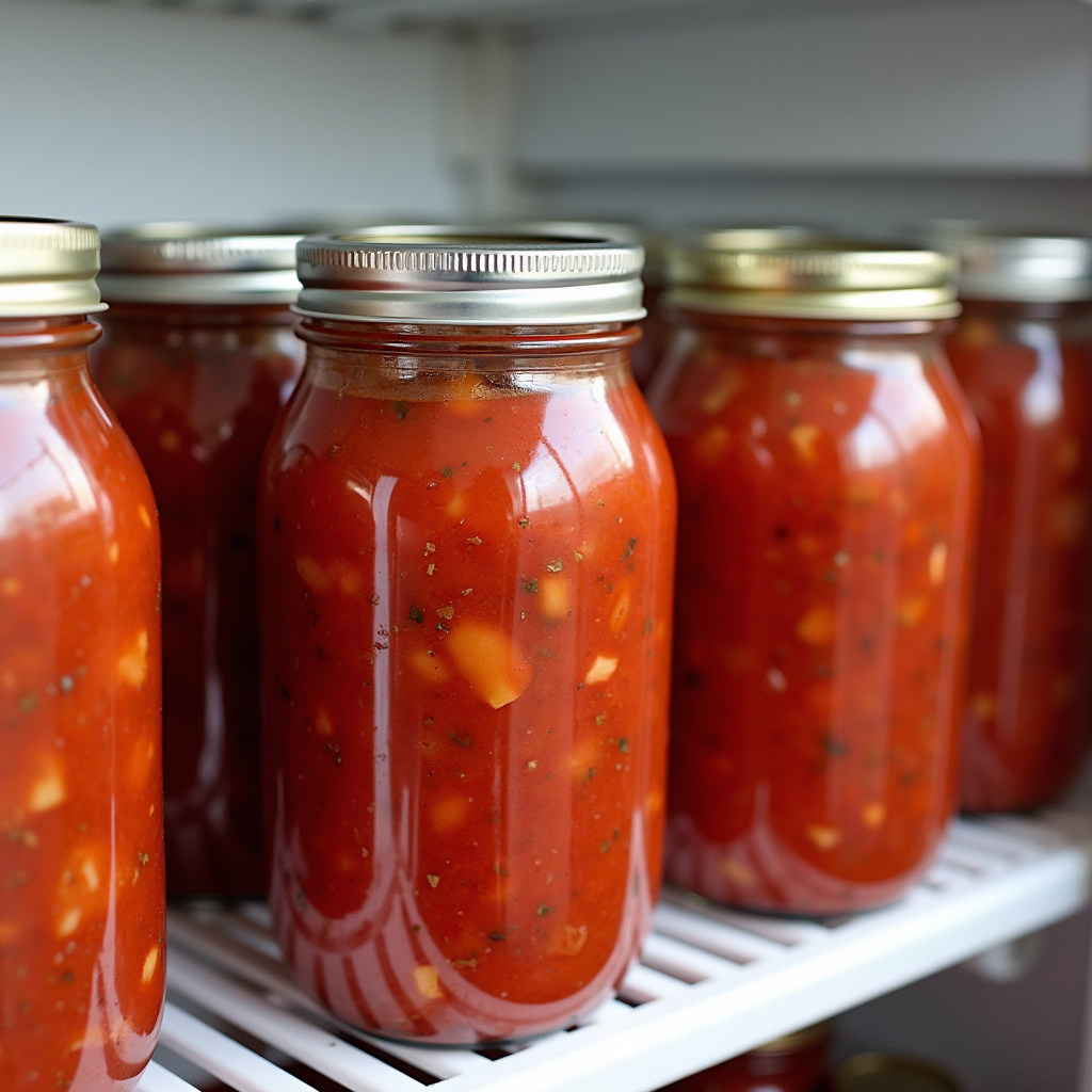 Portions of frozen homemade tomato sauce in glass jars, freezer, organized, natural light, 8K Molho de tomate caseiro congelado